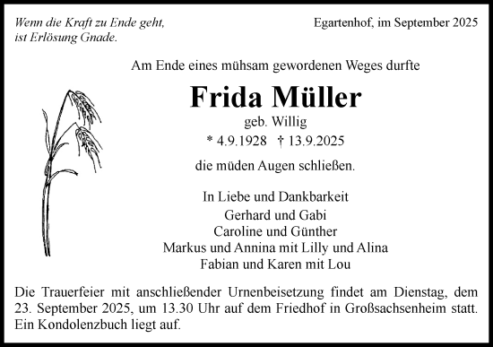 Traueranzeige von Frida Müller von Bietigheimer Zeitung