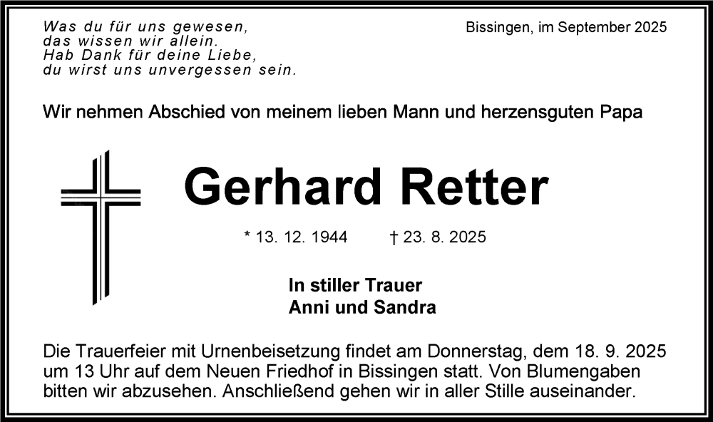  Traueranzeige für Gerhard Retter vom 13.09.2025 aus Bietigheimer Zeitung