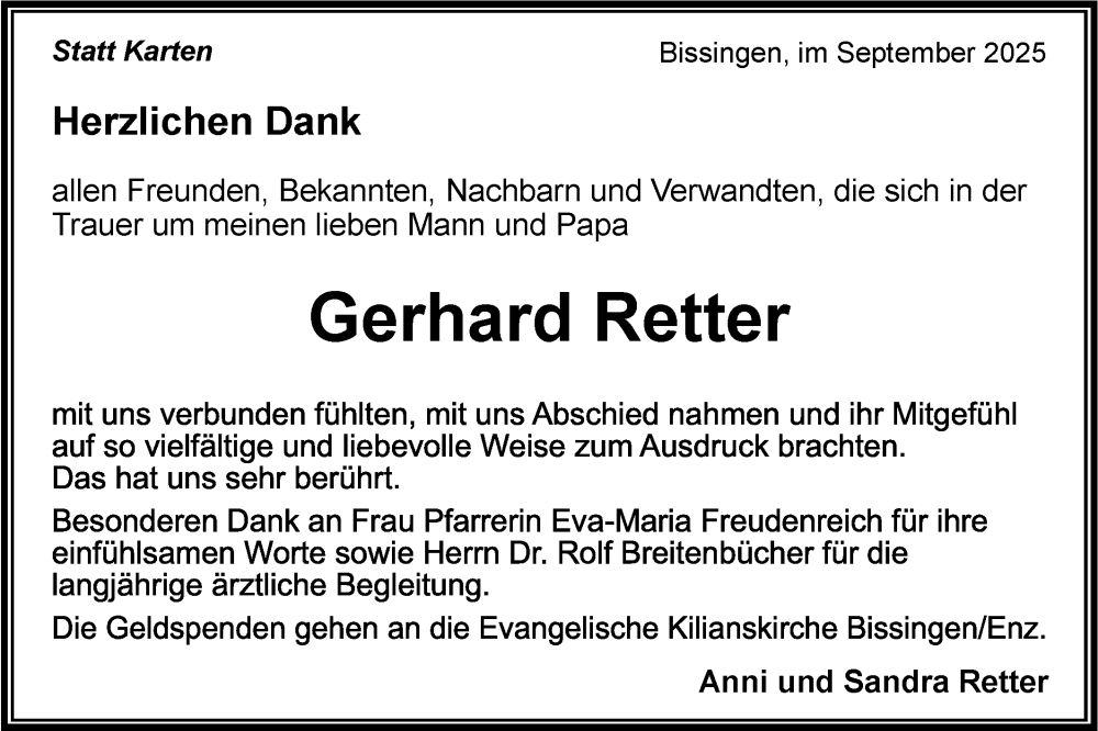  Traueranzeige für Gerhard Retter vom 27.09.2025 aus Bietigheimer Zeitung