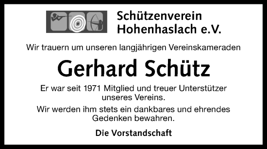 Traueranzeige von Gerhard Schütz von Bietigheimer Zeitung