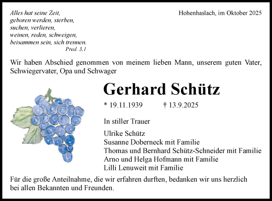 Traueranzeige von Gerhard Schütz von Bietigheimer Zeitung