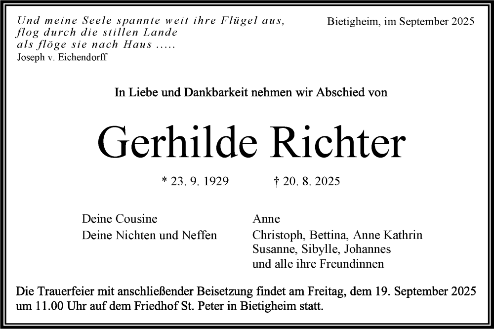  Traueranzeige für Gerhilde Richter vom 13.09.2025 aus Bietigheimer Zeitung