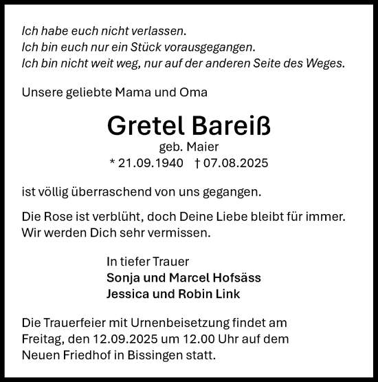 Traueranzeige von Gretel Bareiß von Bietigheimer Zeitung