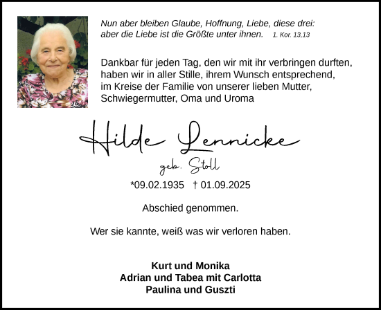 Traueranzeige von Hilde Lennicke von Bietigheimer Zeitung