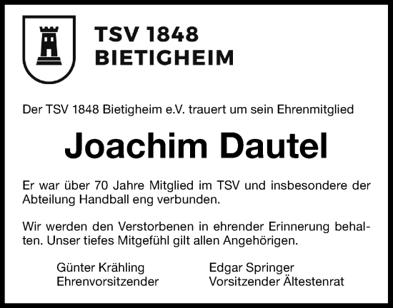 Traueranzeige von Joachim Dautel von Bietigheimer Zeitung