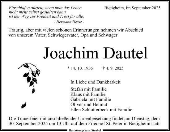 Traueranzeige von Joachim Dautel von Bietigheimer Zeitung