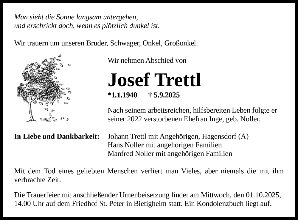  Traueranzeige für Josef Trettl vom 20.09.2025 aus Bietigheimer Zeitung