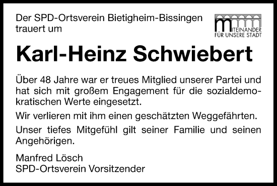 Traueranzeige von Karl-Heinz Schwiebert von Bietigheimer Zeitung