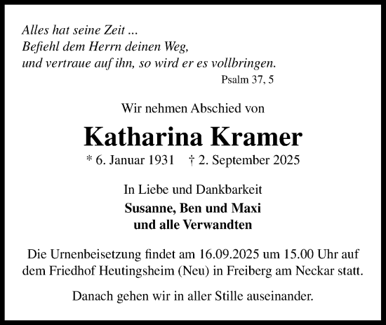 Traueranzeige von Katharina Kramer von Bietigheimer Zeitung