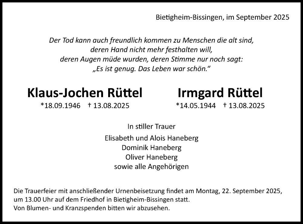  Traueranzeige für Klaus-Jochen Rüttel vom 18.09.2025 aus Bietigheimer Zeitung
