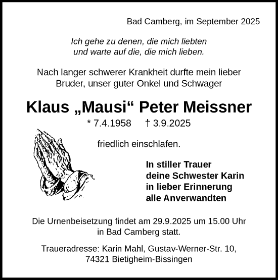 Traueranzeige von Klaus Peter Meissner von Bietigheimer Zeitung