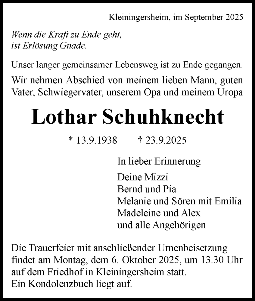  Traueranzeige für Lothar Schuhknecht vom 30.09.2025 aus Bietigheimer Zeitung