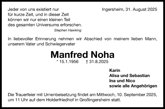 Traueranzeige von Manfred Noha von Bietigheimer Zeitung