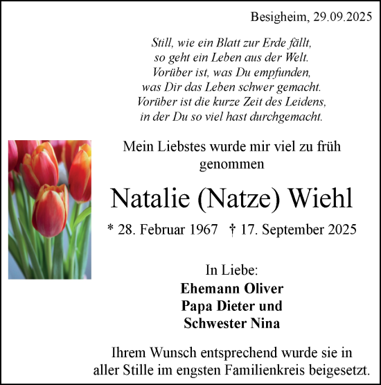 Traueranzeige von Natalie Wiehl von Bietigheimer Zeitung