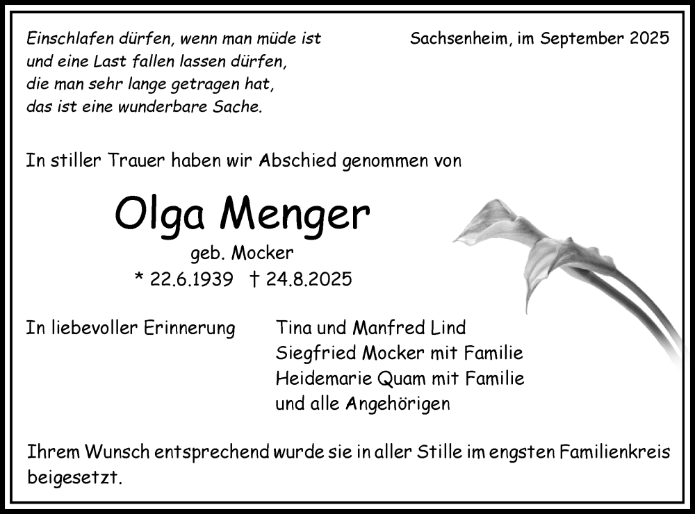  Traueranzeige für Olga Menger vom 10.09.2025 aus Bietigheimer Zeitung