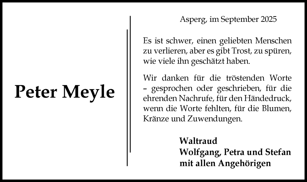  Traueranzeige für Peter Meyle vom 06.09.2025 aus Bietigheimer Zeitung