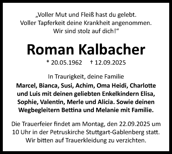 Traueranzeige von Roman Kalbacher von Bietigheimer Zeitung
