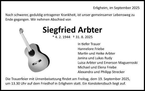 Traueranzeige von Siegfried Arbter von Bietigheimer Zeitung