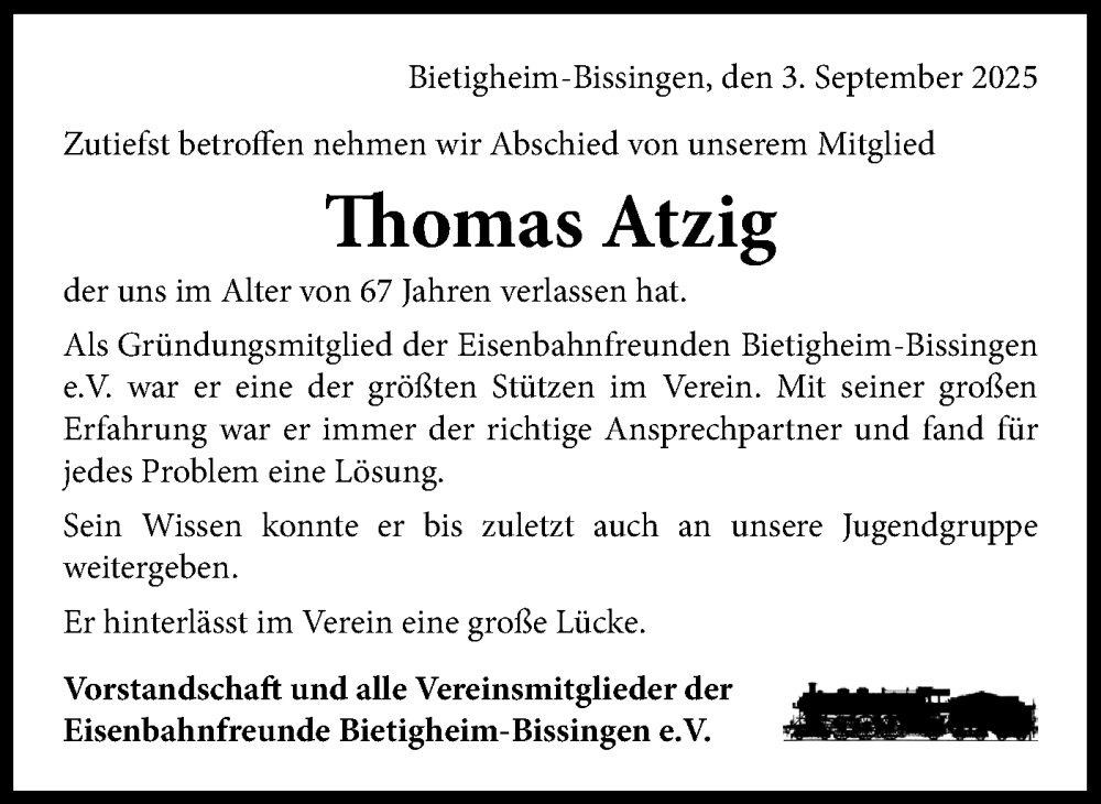 Traueranzeige für Thomas Atzig vom 06.09.2025 aus Bietigheimer Zeitung