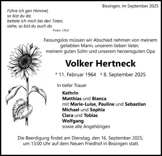 Traueranzeige von Volker Hertneck von Bietigheimer Zeitung