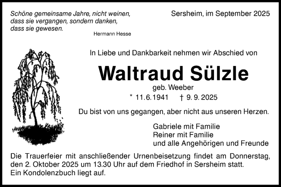 Traueranzeige von Waltraud Sülzle von Bietigheimer Zeitung
