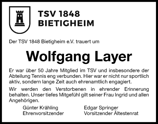 Traueranzeige von Wolfgang Layer von Bietigheimer Zeitung
