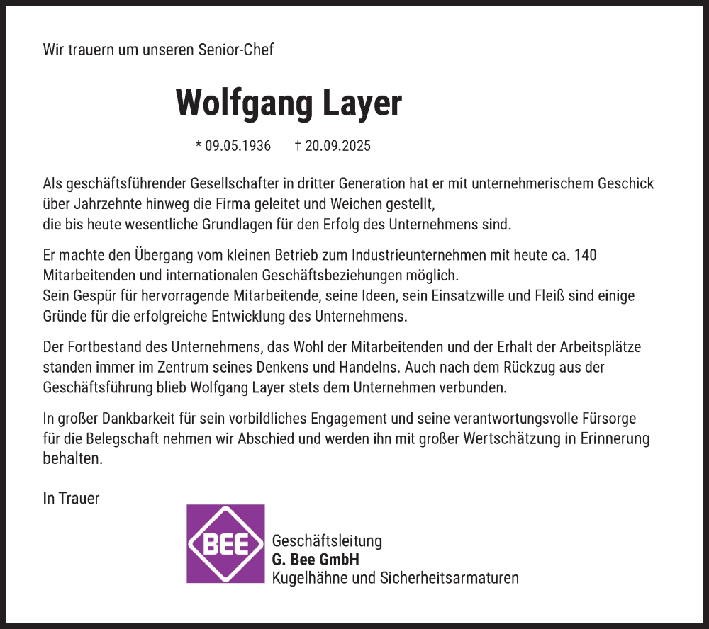  Traueranzeige für Wolfgang Layer vom 26.09.2025 aus Bietigheimer Zeitung