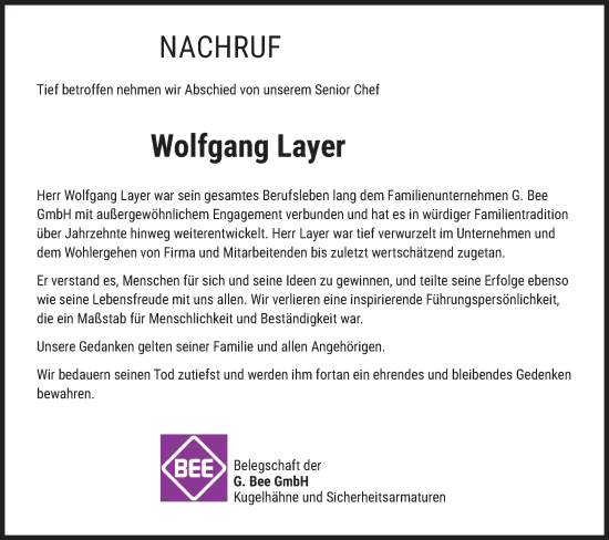 Traueranzeige von Wolfgang Layer von Bietigheimer Zeitung