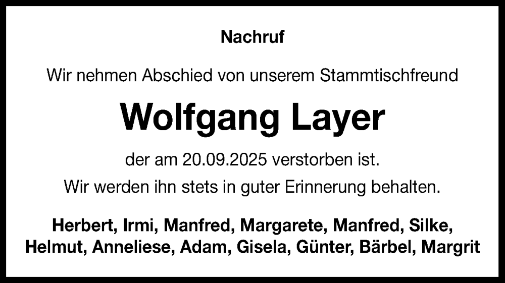  Traueranzeige für Wolfgang Layer vom 30.09.2025 aus Bietigheimer Zeitung