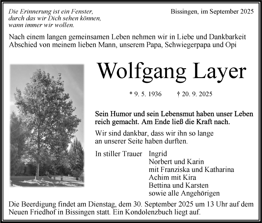  Traueranzeige für Wolfgang Layer vom 25.09.2025 aus Bietigheimer Zeitung