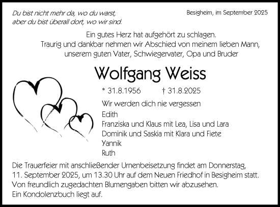 Traueranzeige von Wolfgang Weiss von Bietigheimer Zeitung