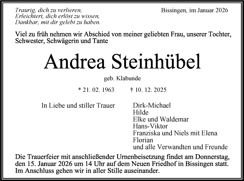  Traueranzeige für Andrea Steinhübel vom 10.01.2026 aus Bietigheimer Zeitung