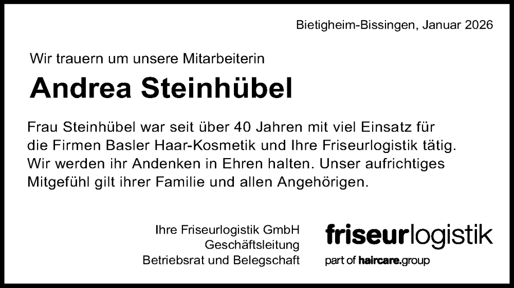  Traueranzeige für Andrea Steinhübel vom 14.01.2026 aus Bietigheimer Zeitung