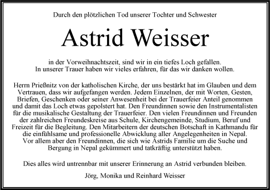 Traueranzeige von Astrid Weisser von Bietigheimer Zeitung