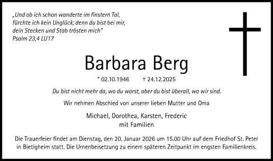 Traueranzeige von Barbara Berg von Bietigheimer Zeitung