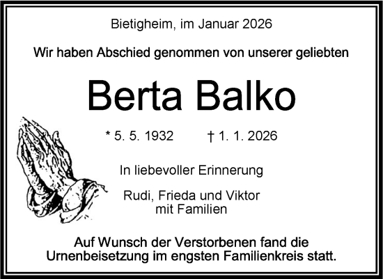 Traueranzeige von Berta Balko von Bietigheimer Zeitung