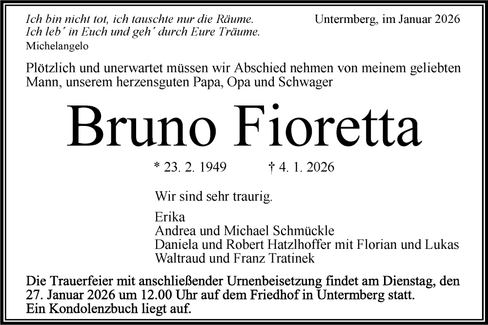  Traueranzeige für Bruno Fioretta vom 17.01.2026 aus Bietigheimer Zeitung