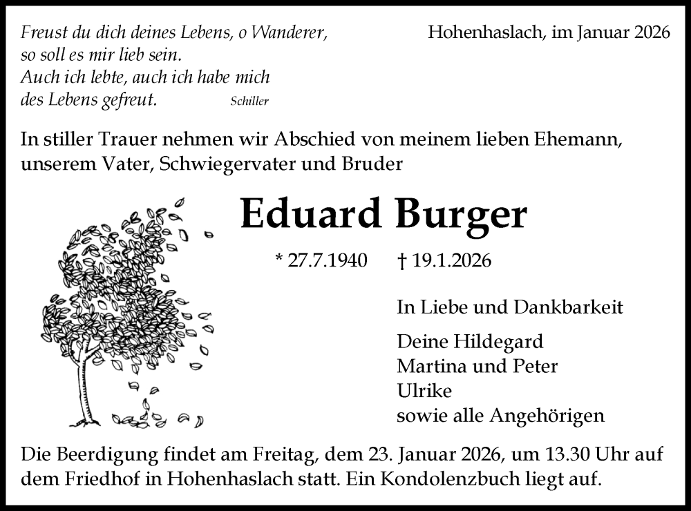  Traueranzeige für Eduard Burger vom 22.01.2026 aus Bietigheimer Zeitung