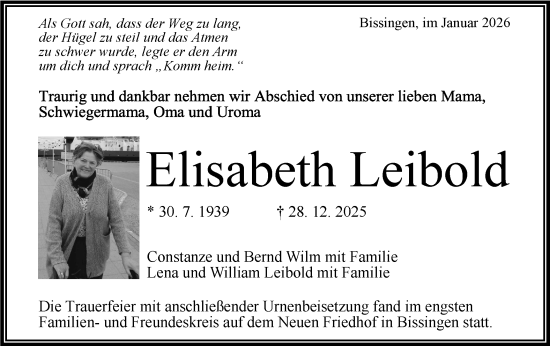 Traueranzeige von Elisabeth Leibold von Bietigheimer Zeitung