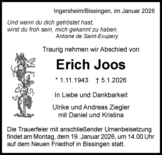 Traueranzeige von Erich Joos von Bietigheimer Zeitung