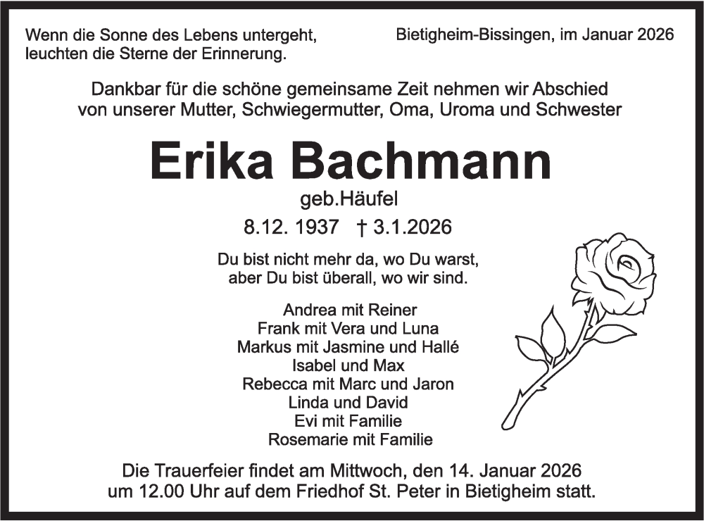  Traueranzeige für Erika Bachmann vom 10.01.2026 aus Bietigheimer Zeitung