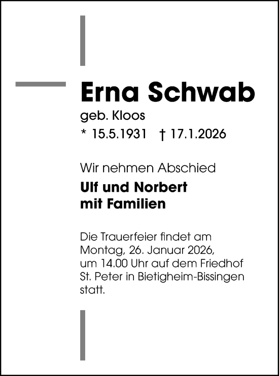 Traueranzeige von Erna Schwab von Bietigheimer Zeitung
