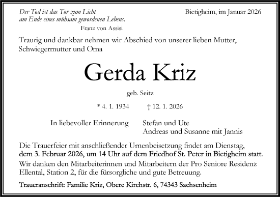 Traueranzeige von Gerda Kriz von Bietigheimer Zeitung