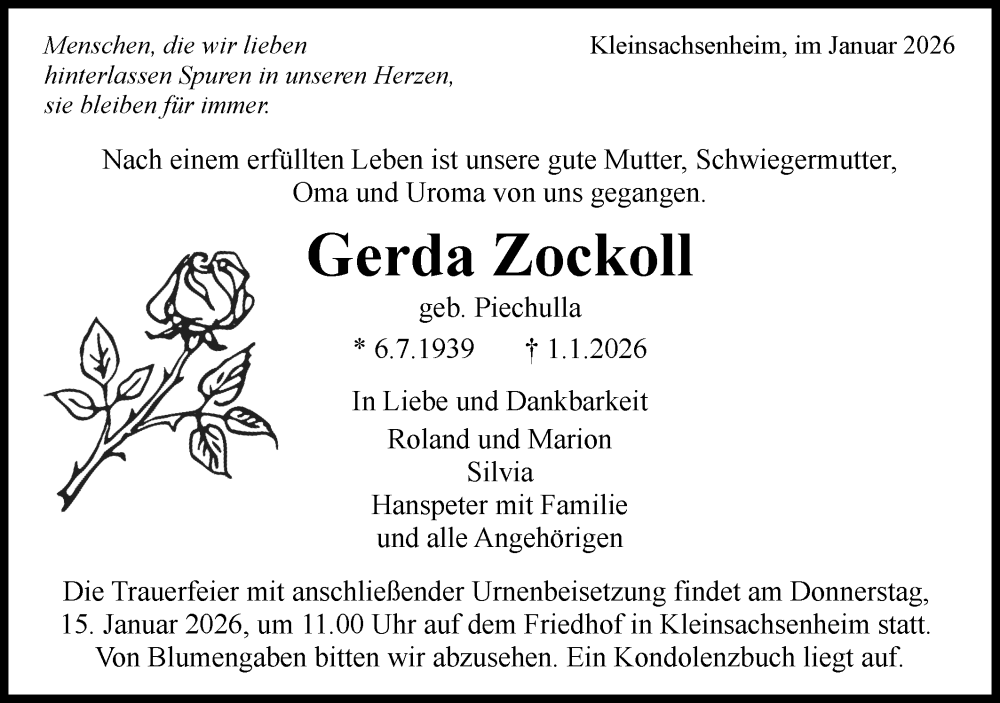  Traueranzeige für Gerda Zockoll vom 09.01.2026 aus Bietigheimer Zeitung