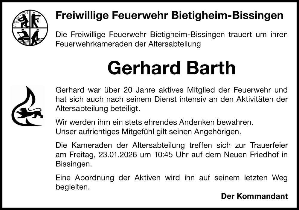  Traueranzeige für Gerhard Barth vom 20.01.2026 aus Bietigheimer Zeitung