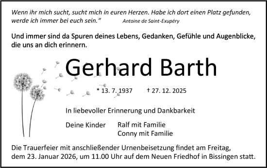 Traueranzeige von Gerhard Barth von Bietigheimer Zeitung