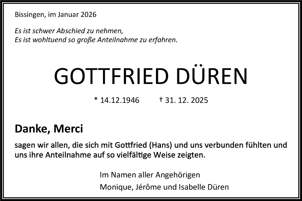  Traueranzeige für Gottfried Düren vom 17.01.2026 aus Bietigheimer Zeitung