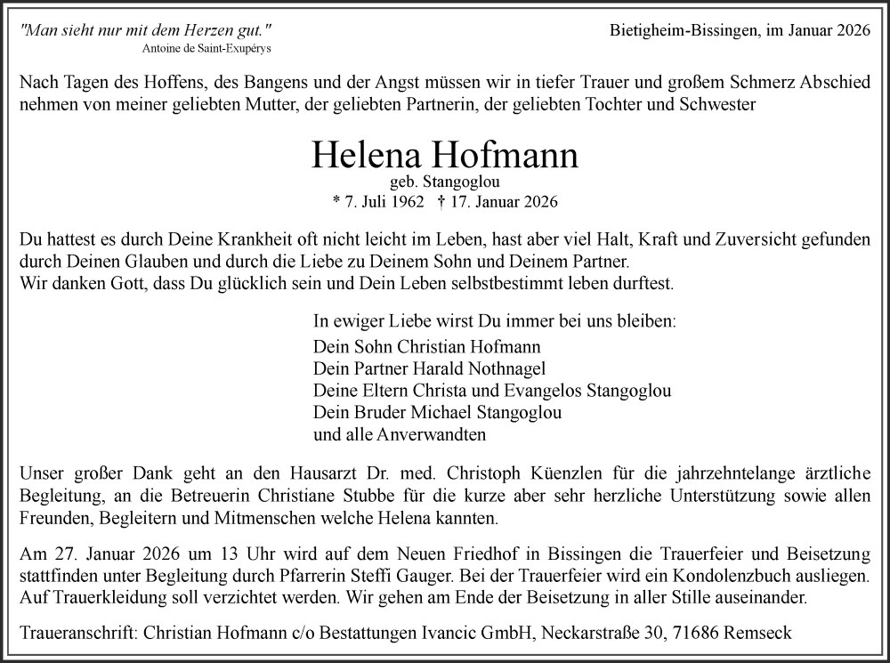  Traueranzeige für Helena Hofmann vom 24.01.2026 aus Bietigheimer Zeitung
