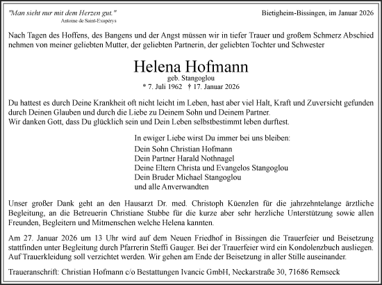 Traueranzeige von Helena Hofmann von Bietigheimer Zeitung