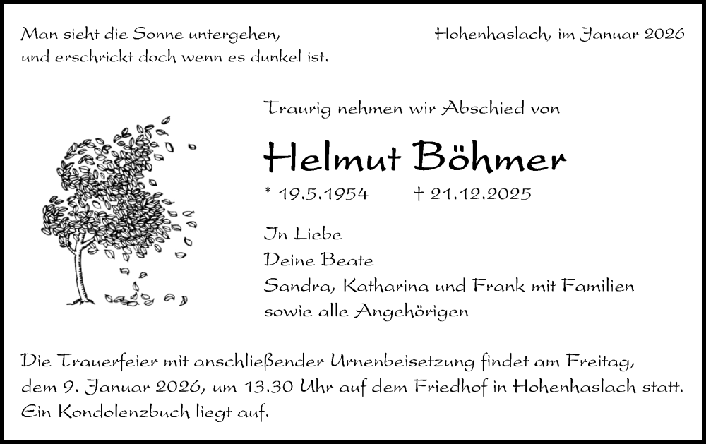 Traueranzeige für Helmut Böhmer vom 05.01.2026 aus Bietigheimer Zeitung